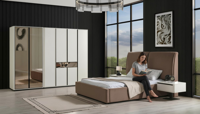 Slaapkamer set Tweepersoonsbed Nachtkastjes 4-delig Beige Kast