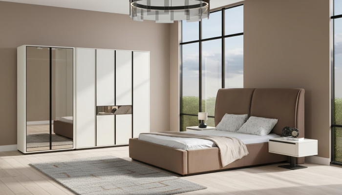 Slaapkamer set Tweepersoonsbed Nachtkastjes 4-delig Beige Kast
