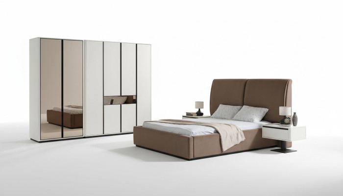 Slaapkamer set Tweepersoonsbed Nachtkastjes 4-delig Beige Kast