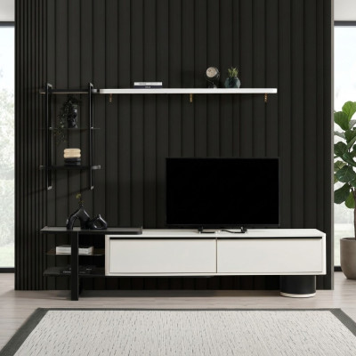 Woonkamer RTV Lowboard TV-standaard kast hout wit planken woonwand