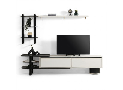 Woonkamer RTV Lowboard TV-standaard kast hout wit planken woonwand