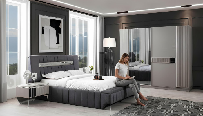 Slaapkamer set tweepersoonsbed bed nachtkastjes 4-delig grijs kast