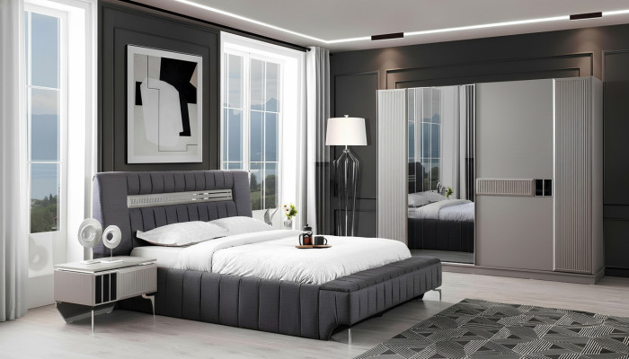 Slaapkamer set tweepersoonsbed bed nachtkastjes 4-delig grijs kast