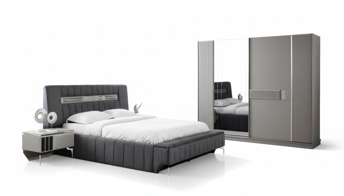 Slaapkamer set tweepersoonsbed bed nachtkastjes 4-delig grijs kast