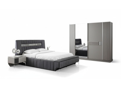 Slaapkamer set tweepersoonsbed bed nachtkastjes 4-delig grijs kast