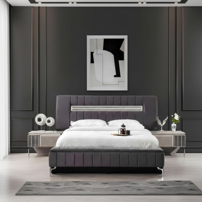 Tweepersoonsbed set Nachtkastjes Slaapkamer Bed 3-delig Grijs Bedframe