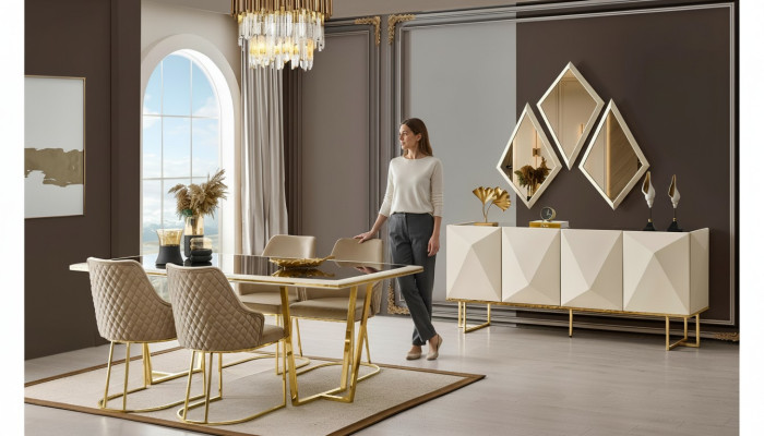 Luxe eethoek eetkamerset eettafel stoelen beige set 11-delig eetkamer