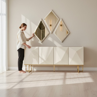 Garnituur dressoir met spiegelkast beige houten commode set