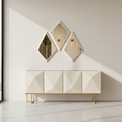 Garnituur dressoir met spiegelkast beige houten commode set