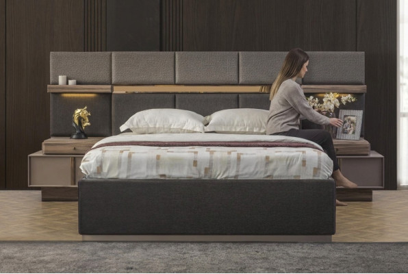 Compleet slaapkamer tweepersoonsbed set 3-delig bed nachtkastjes grijs stof