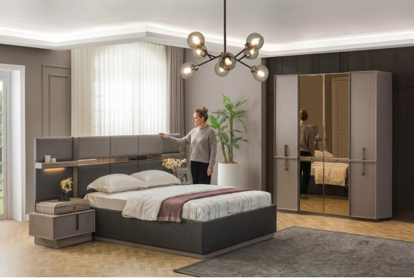 Tweepersoonsbed Complete slaapkamer Bed 4-delig Grijs Nachtkastjes Kast