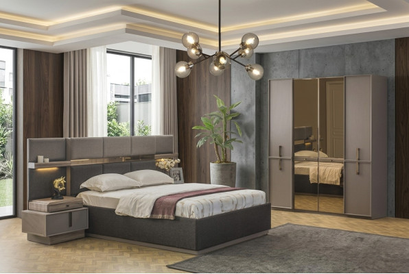 Tweepersoonsbed Complete slaapkamer Bed 4-delig Grijs Nachtkastjes Kast