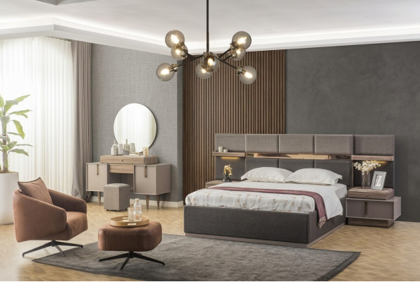 Slaapkamer Compleet tweepersoonsbed Bed Nachtkastjes Console 6-delig Grijs