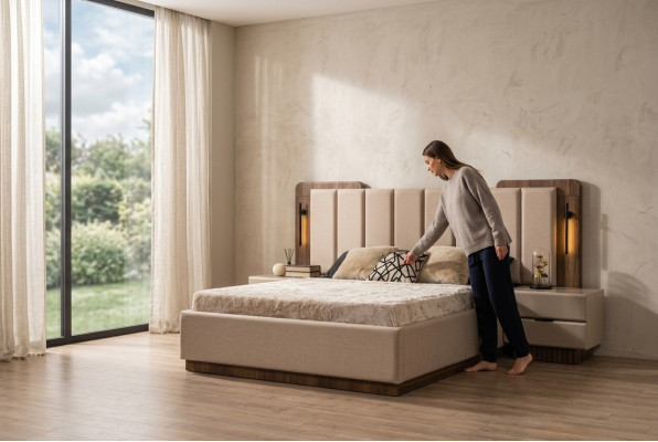 Compleet slaapkamer tweepersoonsbed bed nachtkastjes beige stof 3-delig