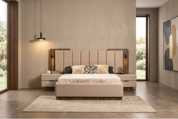 Compleet slaapkamer tweepersoonsbed bed nachtkastjes beige stof 3-delig