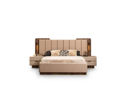 Compleet slaapkamer tweepersoonsbed bed nachtkastjes beige stof 3-delig