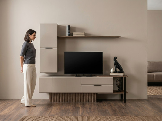 Woonkamer TV-standaard Wandkast RTV Lowboard Beige Houten planken
