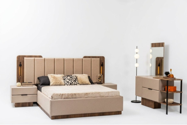 Slaapkamer set Tweepersoonsbed Nachtkastjes Beige Stof 4 delen Make-up