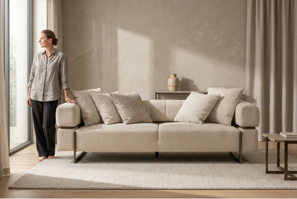 Beige driezits design stoffen bankstel Luxe 3-zitsbank