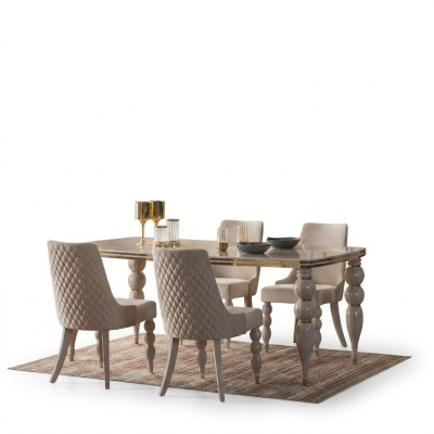 Donkerbeige eetgroep, designer houten eettafel x6 stoelen, 7-delig luxe set