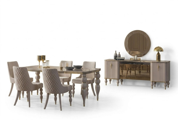 Beige eetkamerset, designer eetkamermeubilair, eettafel, stoelen, dressoir, 9-delig