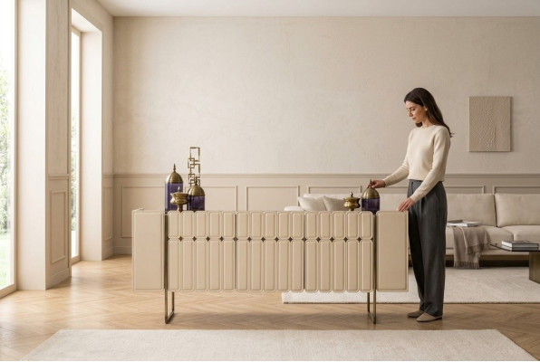 Beige houten dressoir designer ladekast sideboard houten kast luxe meubels.