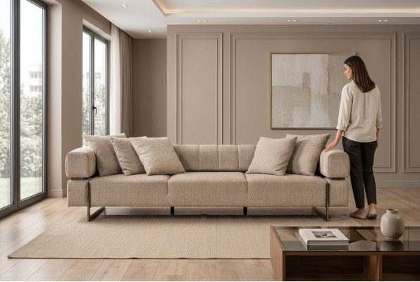 Beige vierzitsdesignerstoffenbankstel bankstellen voor in de woonkamer.