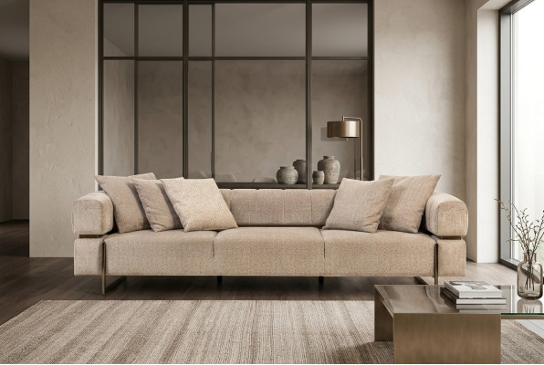 Beige vierzitsdesignerstoffenbankstel bankstellen voor in de woonkamer.