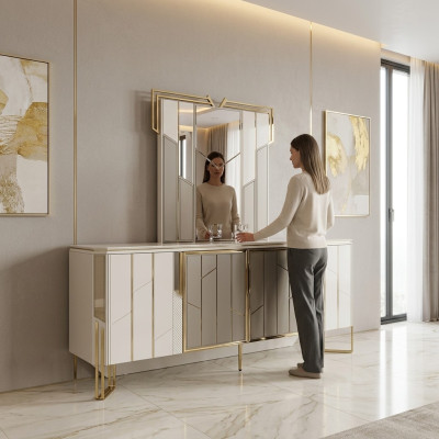 Luxe dressoir met spiegel commode kast hout wit ontwerp