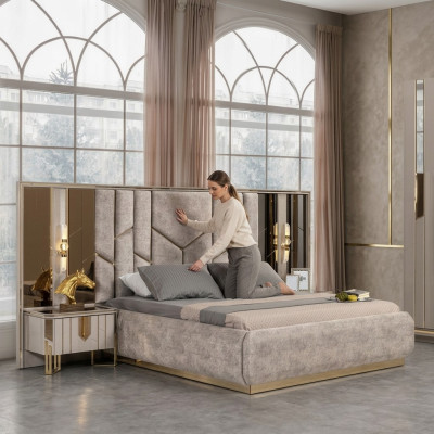 Slaapkamer tweepersoonsbed set Bed Nachtkastjes 3-delig Beige Luxe