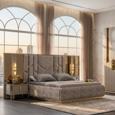 Slaapkamer tweepersoonsbed set Bed Nachtkastjes 3-delig Beige Luxe