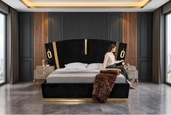 Slaapkamer tweepersoons bed set bed nachtkastjes 3-delig luxe zwart