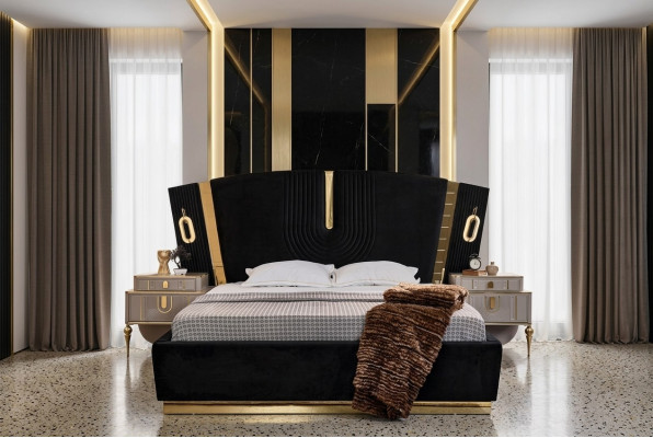 Slaapkamer tweepersoons bed set bed nachtkastjes 3-delig luxe zwart