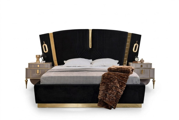 Slaapkamer tweepersoons bed set bed nachtkastjes 3-delig luxe zwart