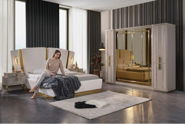Tweepersoonsbed set Slaapkamer Bed Nachtkastjes 4-delig Beige Kast