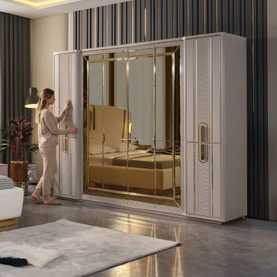 Luxe kledingkast houten kast garderobekast met spiegel Beige