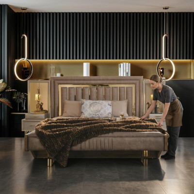 Complete slaapkamermeubels Tweepersoonsbed Bed Nachtkastjes Beige 3-delig