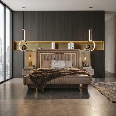 Complete slaapkamermeubels Tweepersoonsbed Bed Nachtkastjes Beige 3-delig