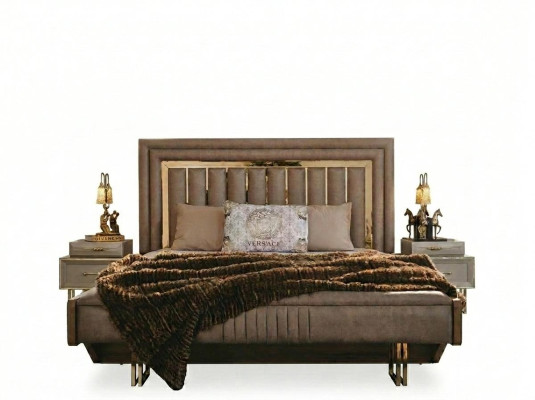 Complete slaapkamermeubels Tweepersoonsbed Bed Nachtkastjes Beige 3-delig