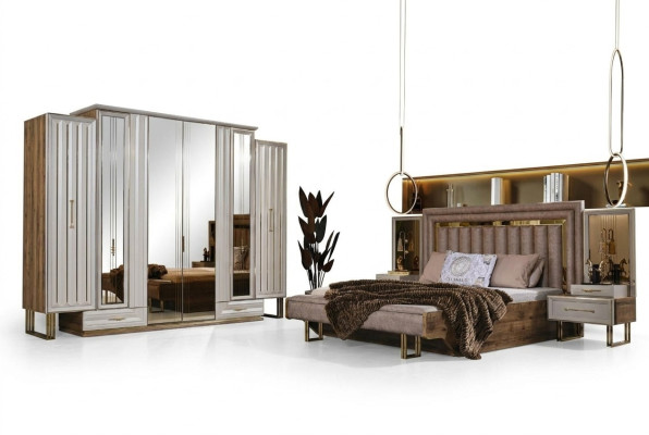 Complete slaapkamermeubelen Twee persoonsbed Bed Nachtkastjes Beige 4 stuks