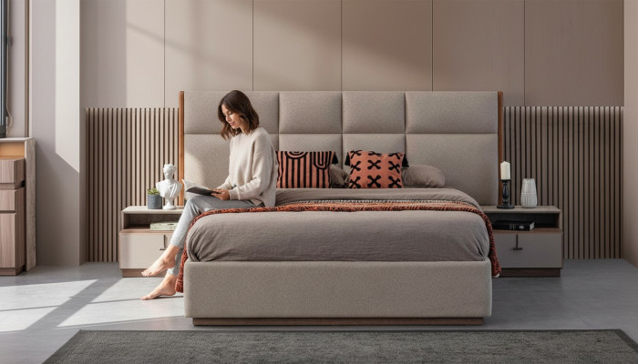 Tweepersoons slaapkamer bed nachtkastjes Grijs set van 3 st. Bedlade