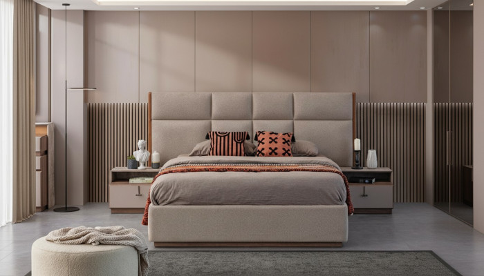 Tweepersoons slaapkamer bed nachtkastjes Grijs set van 3 st. Bedlade