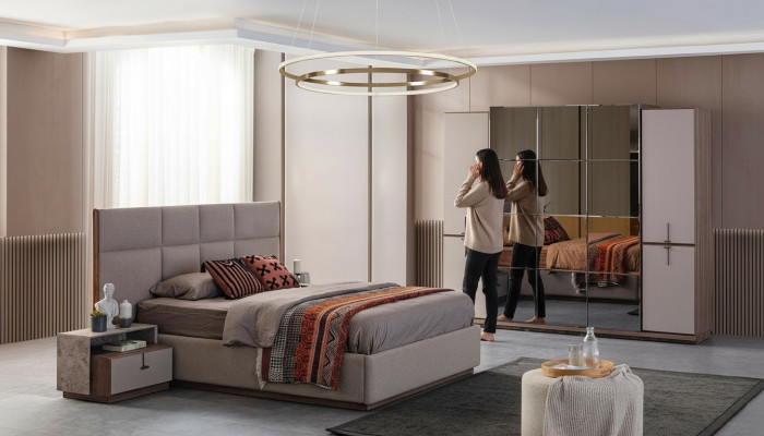 Complete slaapkamer tweepersoonsbed bed nachtkastjes grijs 4-delig kast