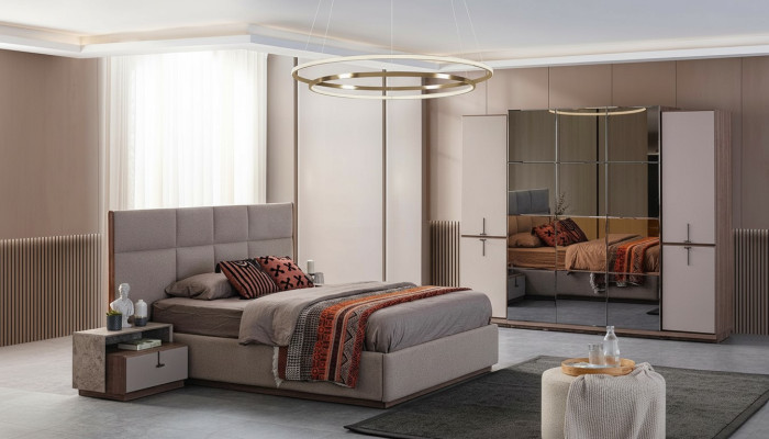 Complete slaapkamer tweepersoonsbed bed nachtkastjes grijs 4-delig kast