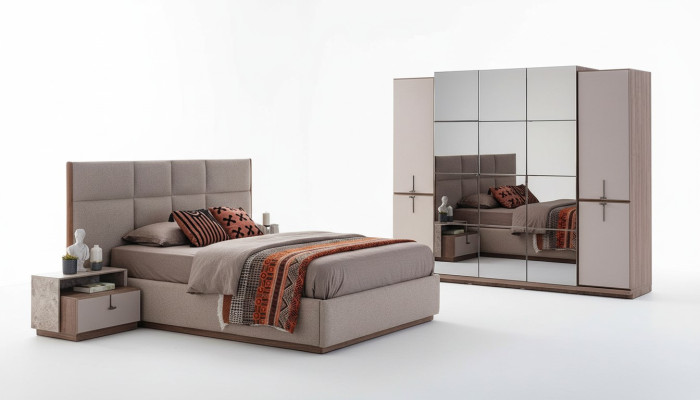 Complete slaapkamer tweepersoonsbed bed nachtkastjes grijs 4-delig kast