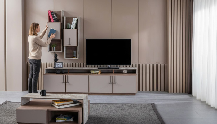 TV-standaard, wandkasten, dressoir, TV-meubel, grijs, houten woonkamer
