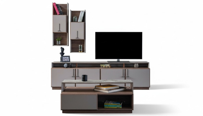 Groep woonkamer TV-standaard wandkasten laagbord grijs salontafel 3-delig