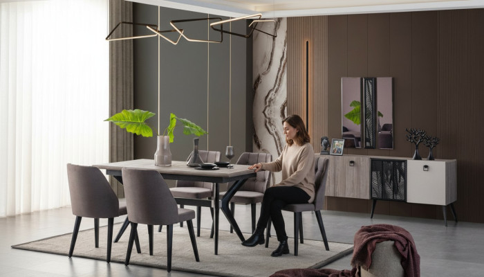 Eetgroep Eethoek Eettafel Stoelen Hout Grijs Eetkamer 9-delig Dressoir