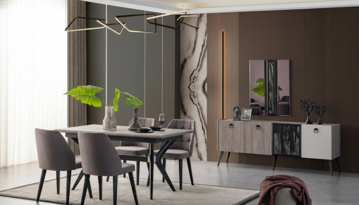 Eetgroep Eethoek Eettafel Stoelen Hout Grijs Eetkamer 9-delig Dressoir