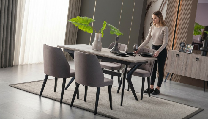 Eethoek set Eetkamer Eetgroep Eettafel Stoelen Hout Grijs 7-delig